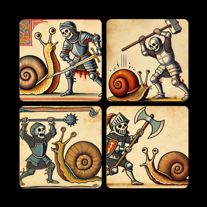 skeleton knight and snail, medieval knight art, fantasy battle coasters, medieval cork-backed coasters, home decor set