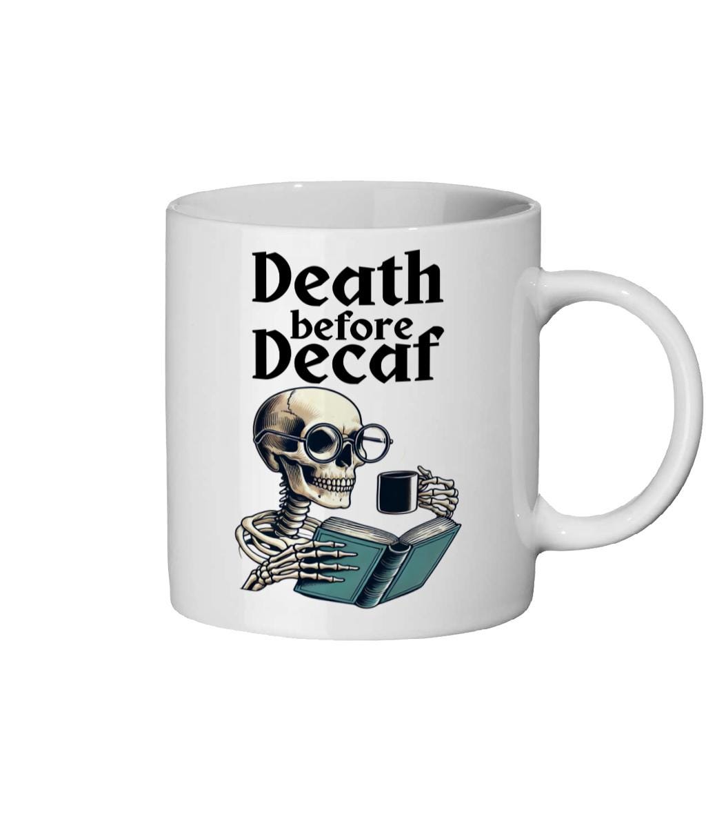 skeleton design mug, Halloween coffee lovers, ceramic Halloween mug, spooky coffee gift, death before decaf design
caffeine lover mug, coffee humour mug, quirky Halloween gift