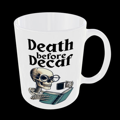 skeleton reading mug, horror coffee mug, macabre coffee lovers gift, skull design mug, unique coffee gift
