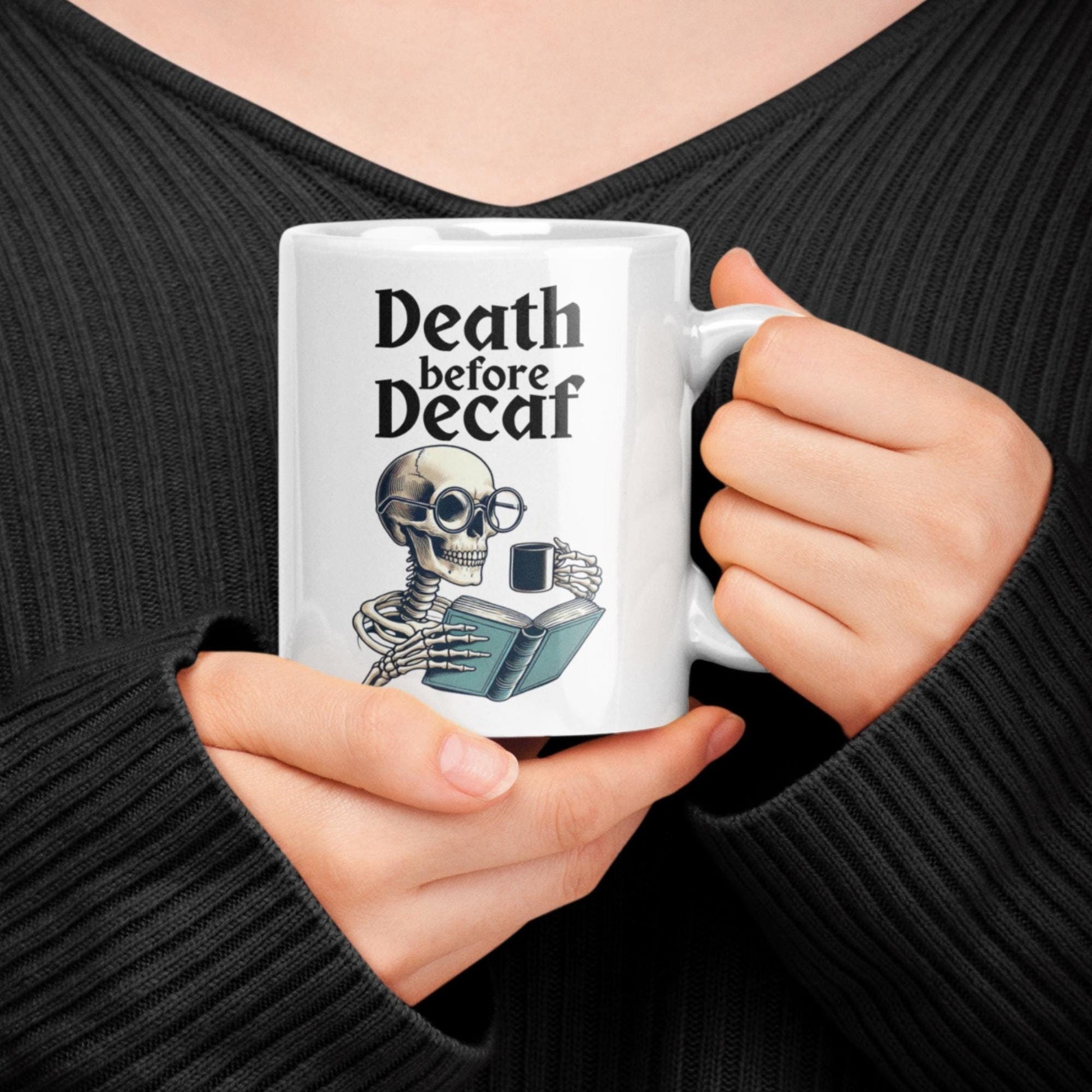 gothic coffee mug, skeleton coffee cup, death before decaf mug, spooky coffee lovers gift, Halloween-themed drinkware