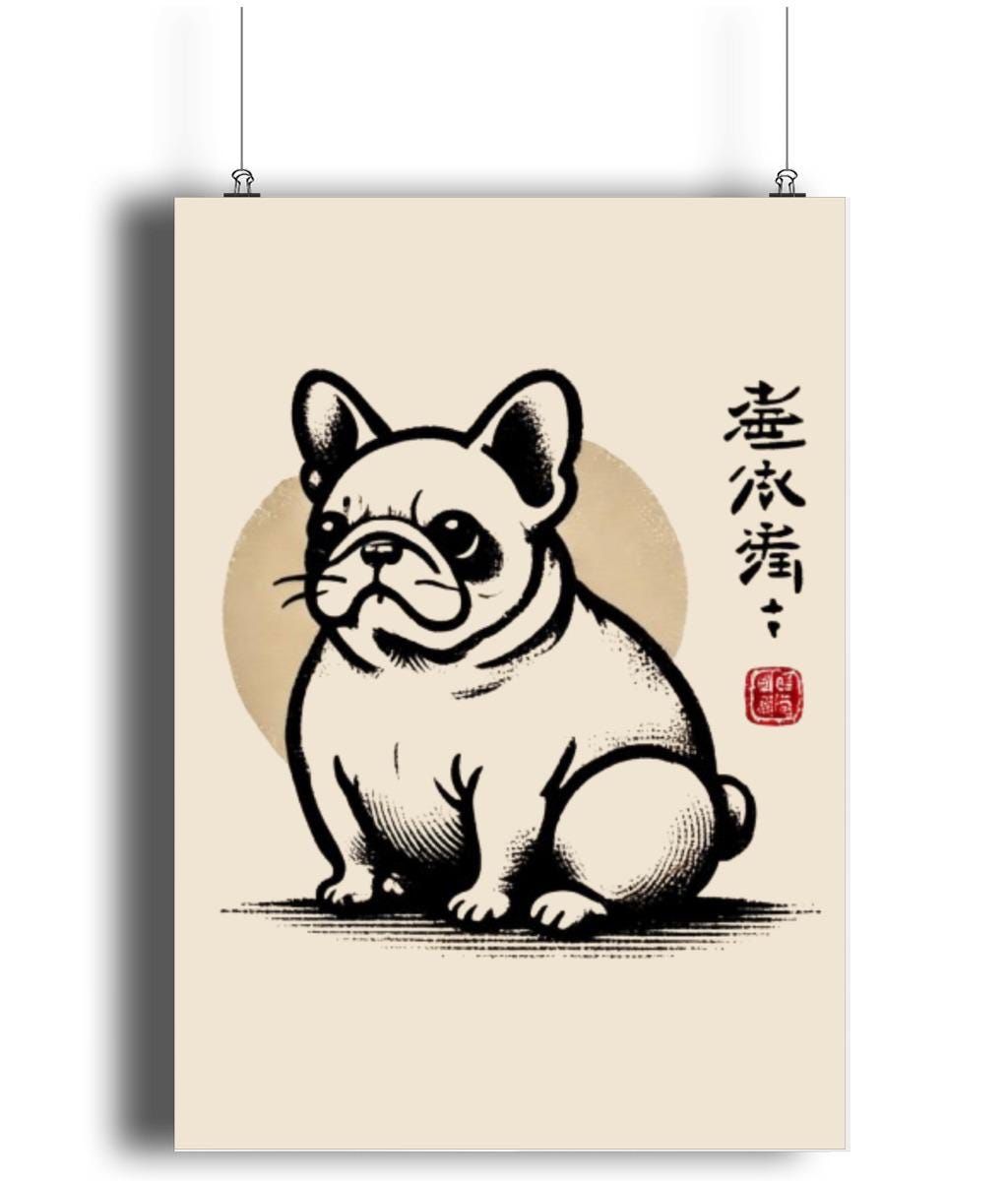 French Bulldog artwork, Frenchie wall art, Ukiyo-e dog illustration, Japanese-style animal print, French Bulldog decor