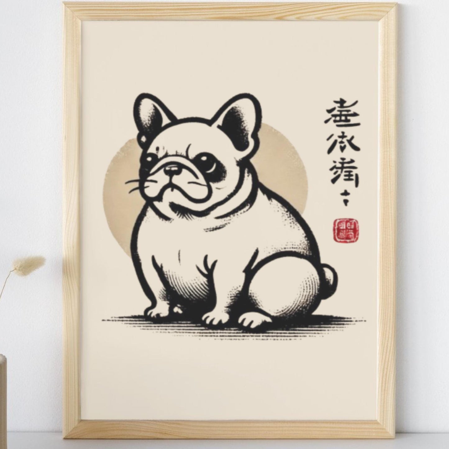 Unimpressed frog style French Bulldog decor print, Frenchie Ukiyo-e artwork, Japanese-inspired animal print, dog-themed art print, French Bulldog illustration