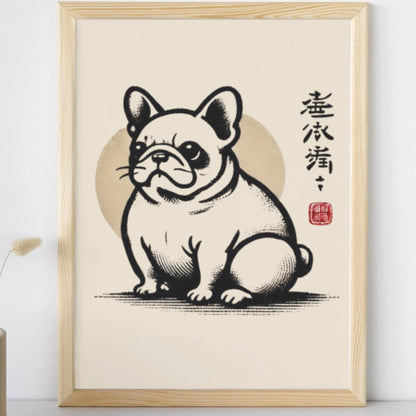 Unimpressed frog style French Bulldog decor print, Frenchie Ukiyo-e artwork, Japanese-inspired animal print, dog-themed art print, French Bulldog illustration