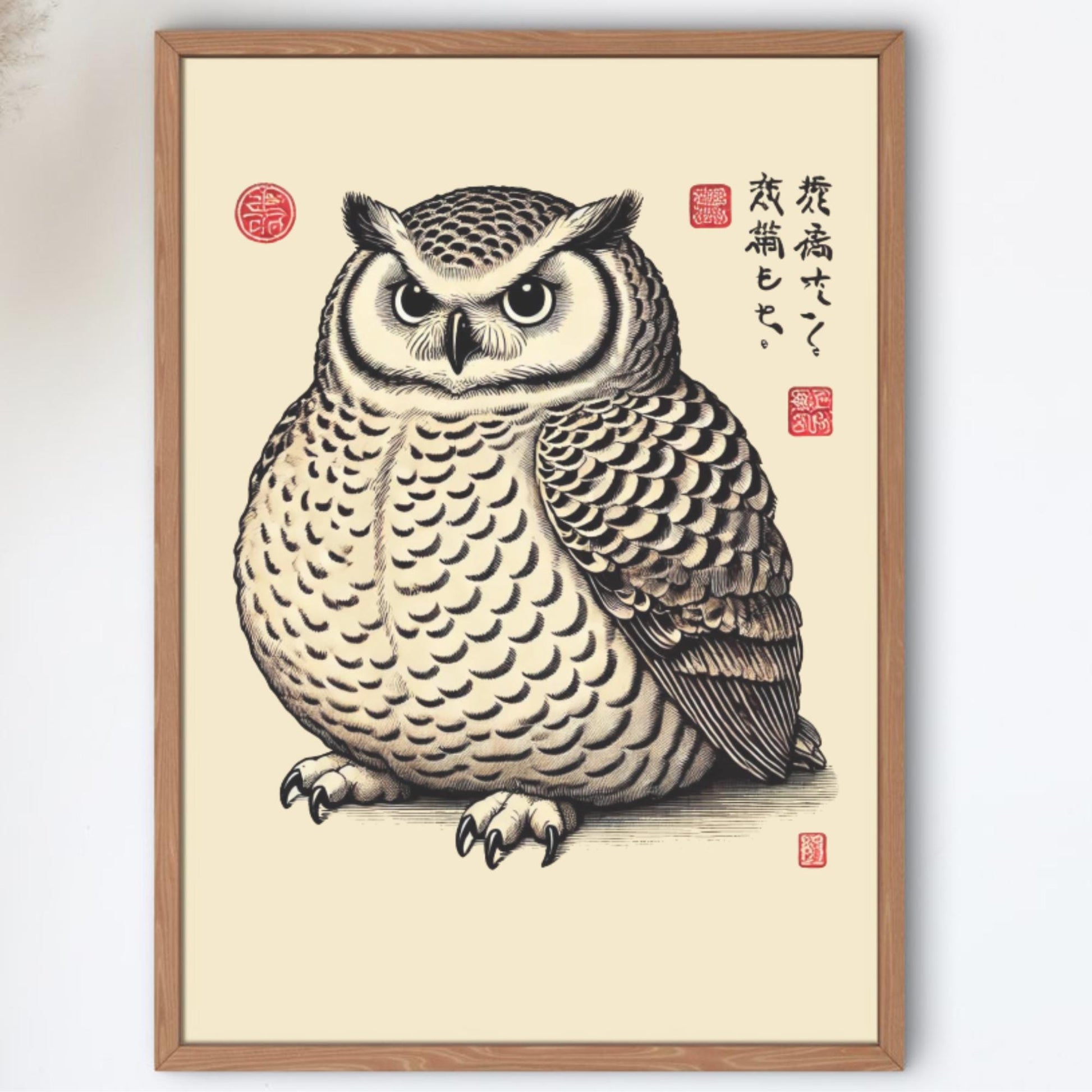 Whimsical Japanese art print of a fat owl with expressive eyes, detailed feathers, and classic Japanese calligraphy, mimicking an authentic Ukiyo-e woodblock design.