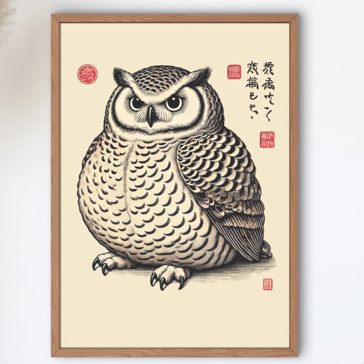 A Japanese Ukiyo-e style print of a plump owl with intricate feather details, wide eyes, and traditional Japanese calligraphy on a beige background.