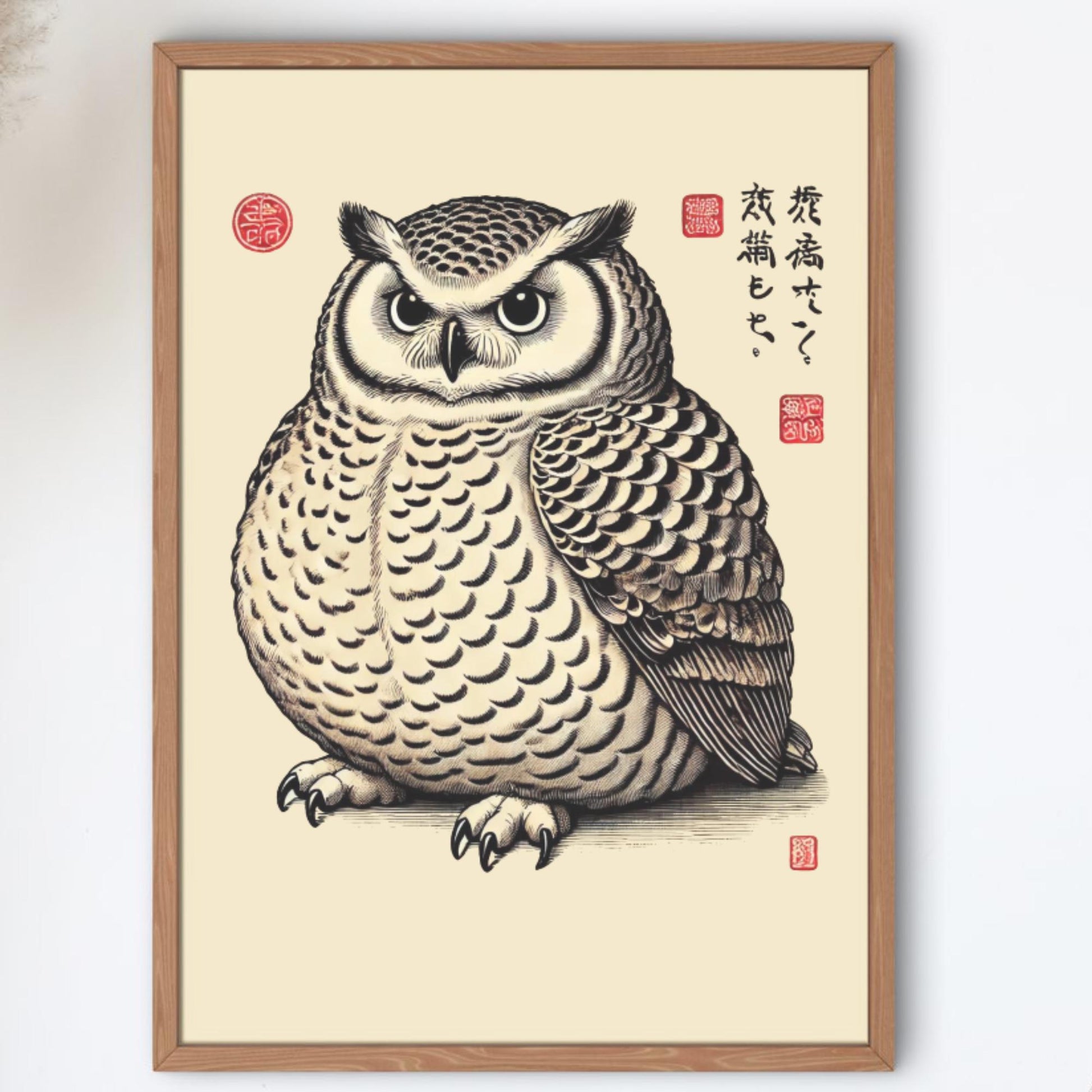 A Japanese Ukiyo-e style print of a plump owl with intricate feather details, wide eyes, and traditional Japanese calligraphy on a beige background.