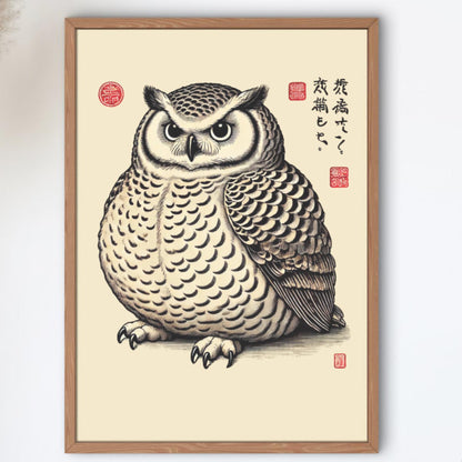 A Japanese Ukiyo-e style print of a plump owl with intricate feather details, wide eyes, and traditional Japanese calligraphy on a beige background.