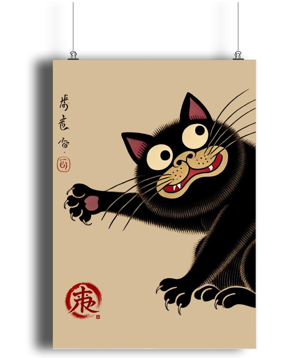 cat mum gift, cat dad gift, cat lovers wall print, Ukiyo-e style decor, Japanese cat artwork, A2 black cat print, traditional woodblock illustration.