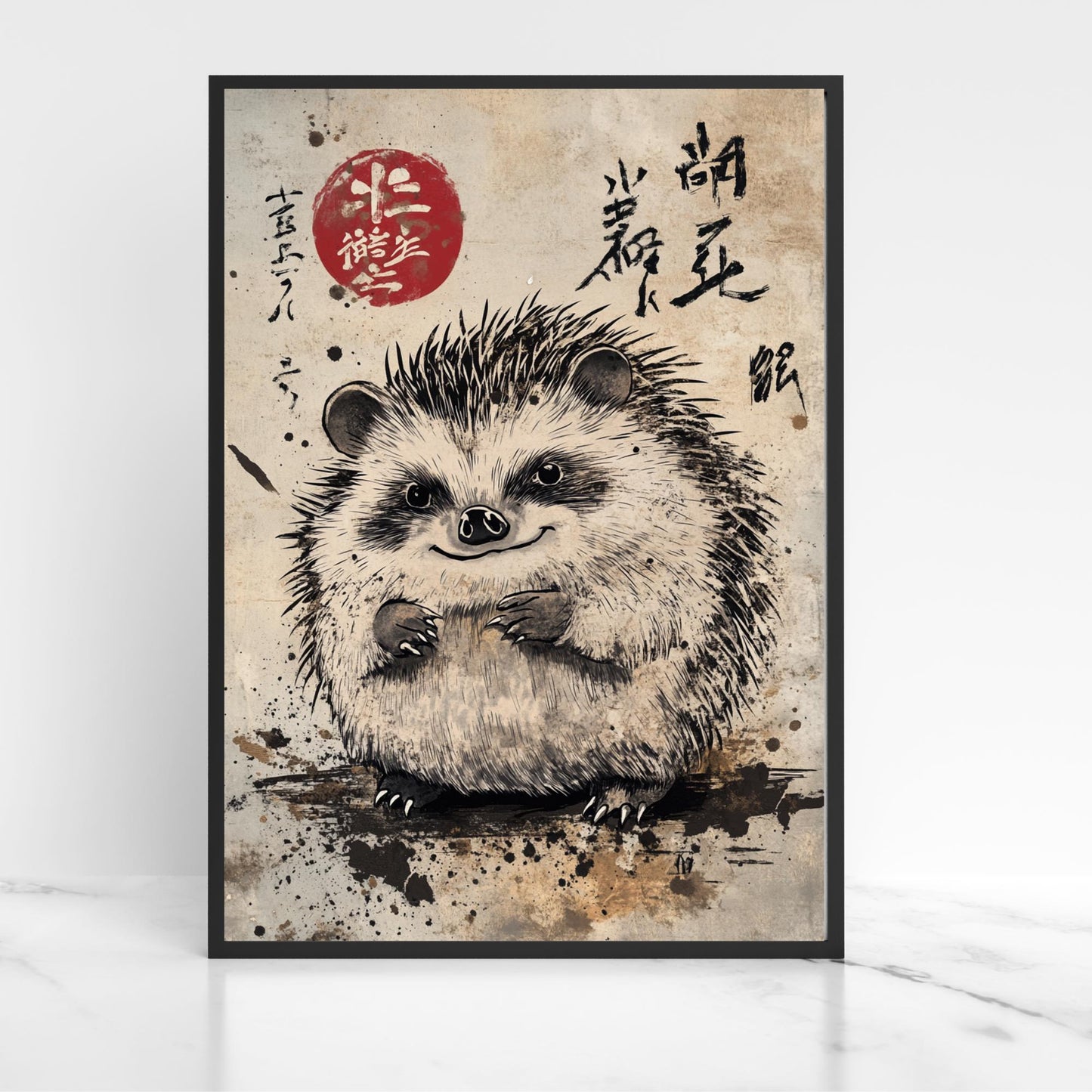 Japanese hedgehog poster, A3 hedgehog print, traditional animal art, cute hedgehog art for kids, whimsical animal wall art