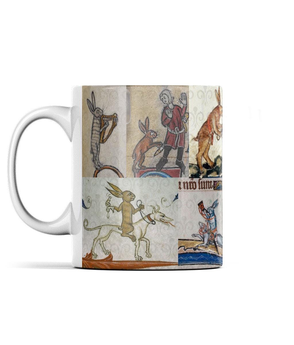 11oz ceramic mug with wrap-around medieval rabbit design, showcasing quirky scenes from historical marginalia, perfect for medieval history lovers