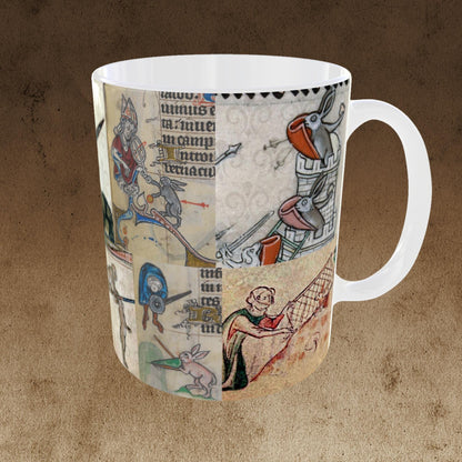 11oz mug with medieval rabbit illustrations in a wrap-around design, perfect for lovers of historical art and quirky medieval marginalia