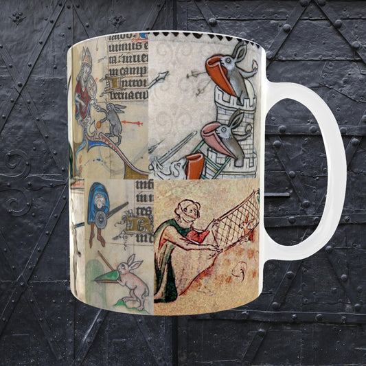 11oz ceramic mug featuring a wrap-around design of medieval manuscript rabbits, showcasing playful and whimsical scenes inspired by historical marginalia
