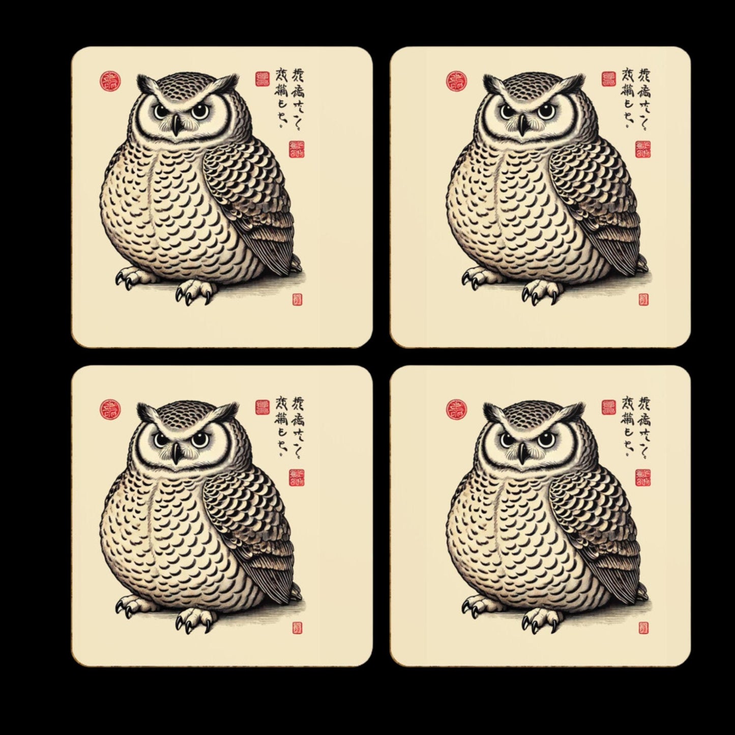 Stylized owl coaster with detailed feathers and a serious expression, inspired by Japanese woodblock prints. The beige backdrop is complemented by red calligraphy seals, adding an authentic touch.