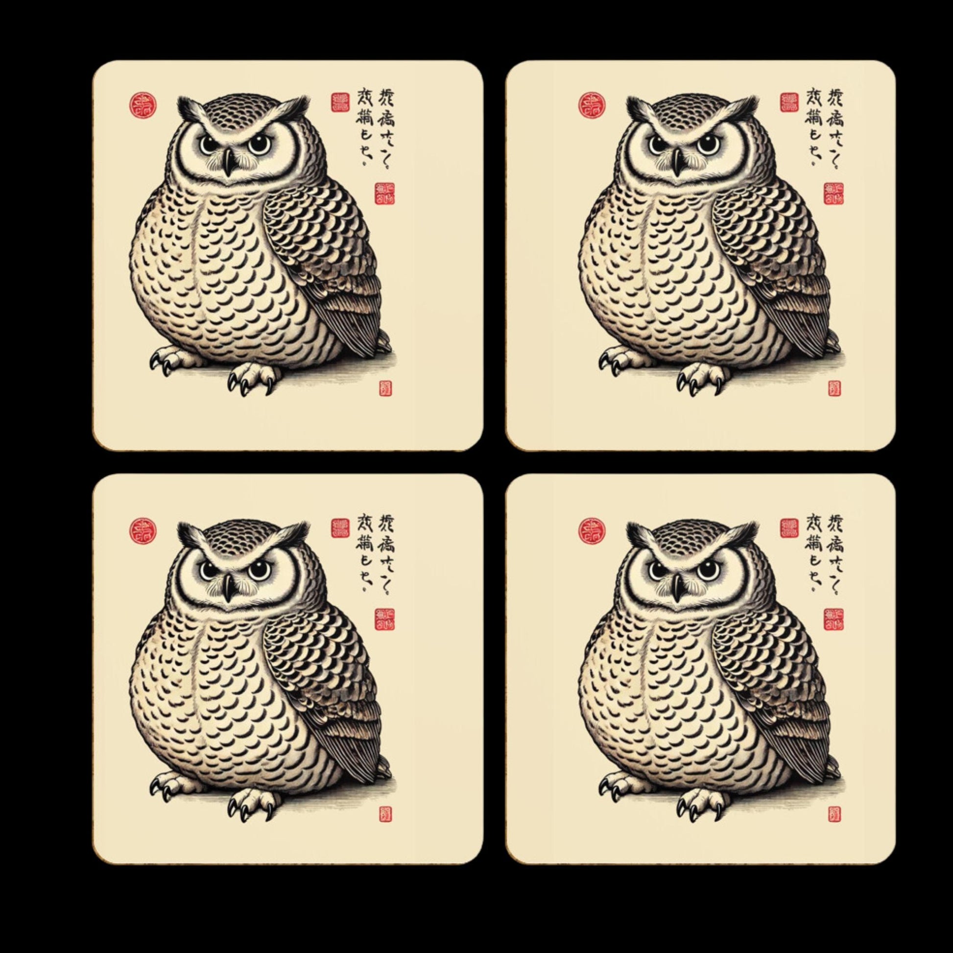 Stylized owl coaster with detailed feathers and a serious expression, inspired by Japanese woodblock prints. The beige backdrop is complemented by red calligraphy seals, adding an authentic touch.