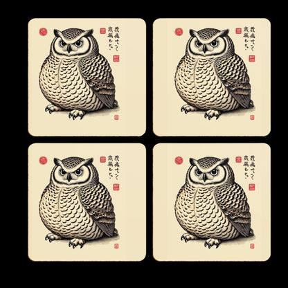 Stylized owl coaster with detailed feathers and a serious expression, inspired by Japanese woodblock prints. The beige backdrop is complemented by red calligraphy seals, adding an authentic touch.