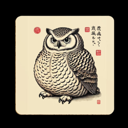 Unique Set of 4 Owl Coasters in the Japanese Ukiyo-e Style. Japanese calligraphy style owl on drinks mats