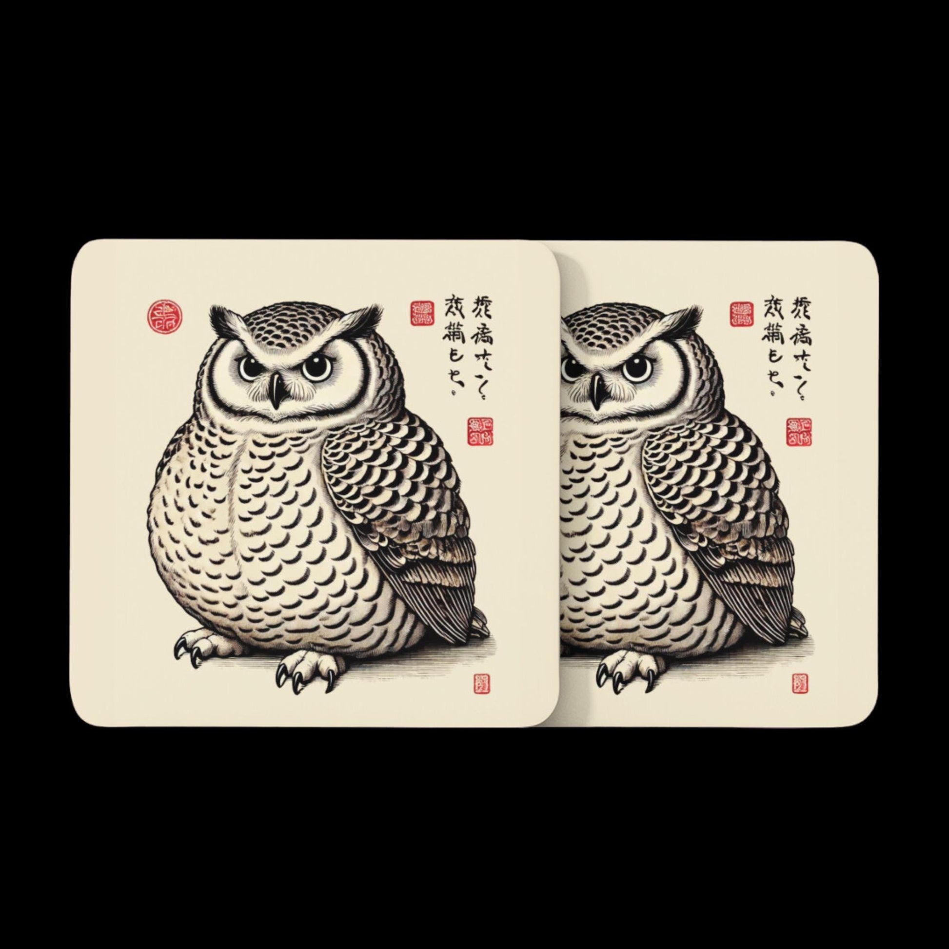 Square coaster depicting a round-bodied owl with intense eyes, drawn in a classic Japanese ink style. The design includes Japanese text and red seals, enhancing its cultural aesthetic.