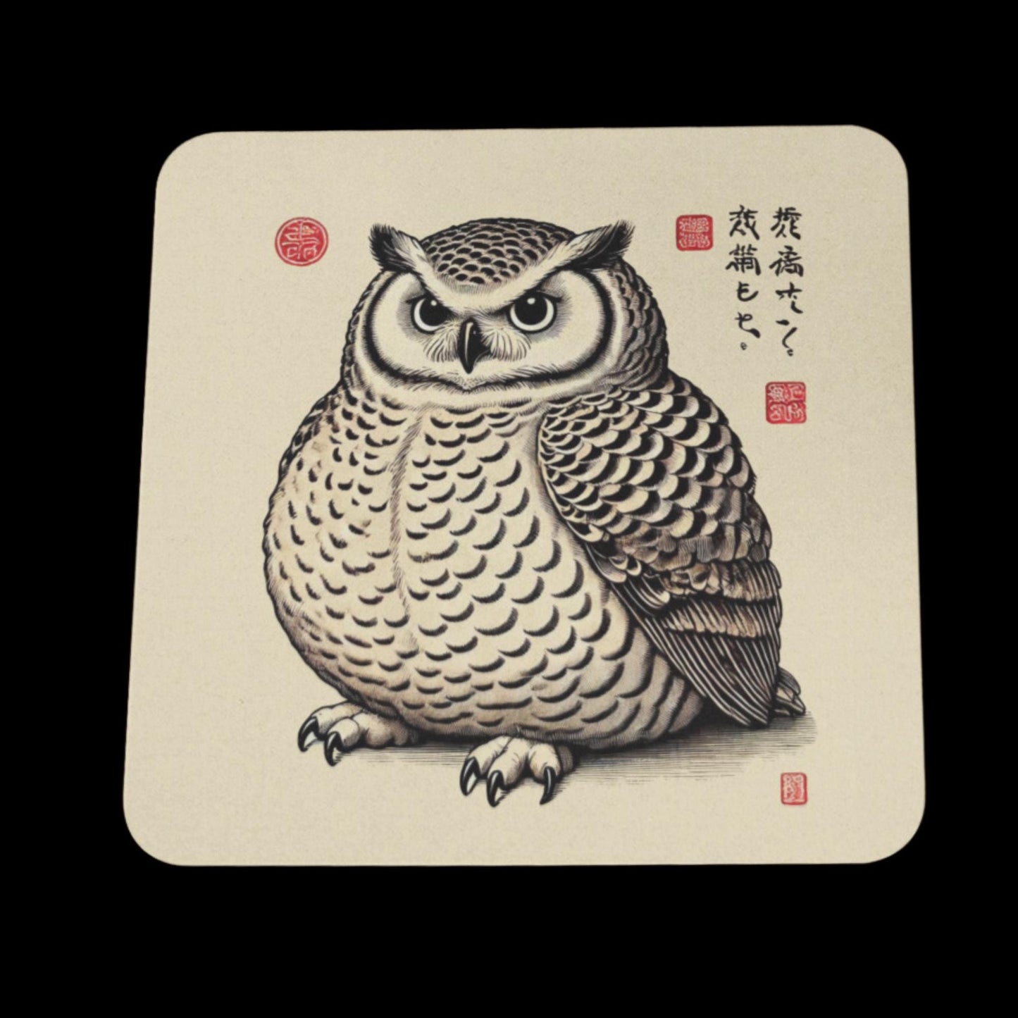 Japanese-themed coaster showing a wise-looking owl with dense feather details and a sharp gaze. Red signature stamps and Japanese writing frame the beige background, creating a blend of tradition and elegance.