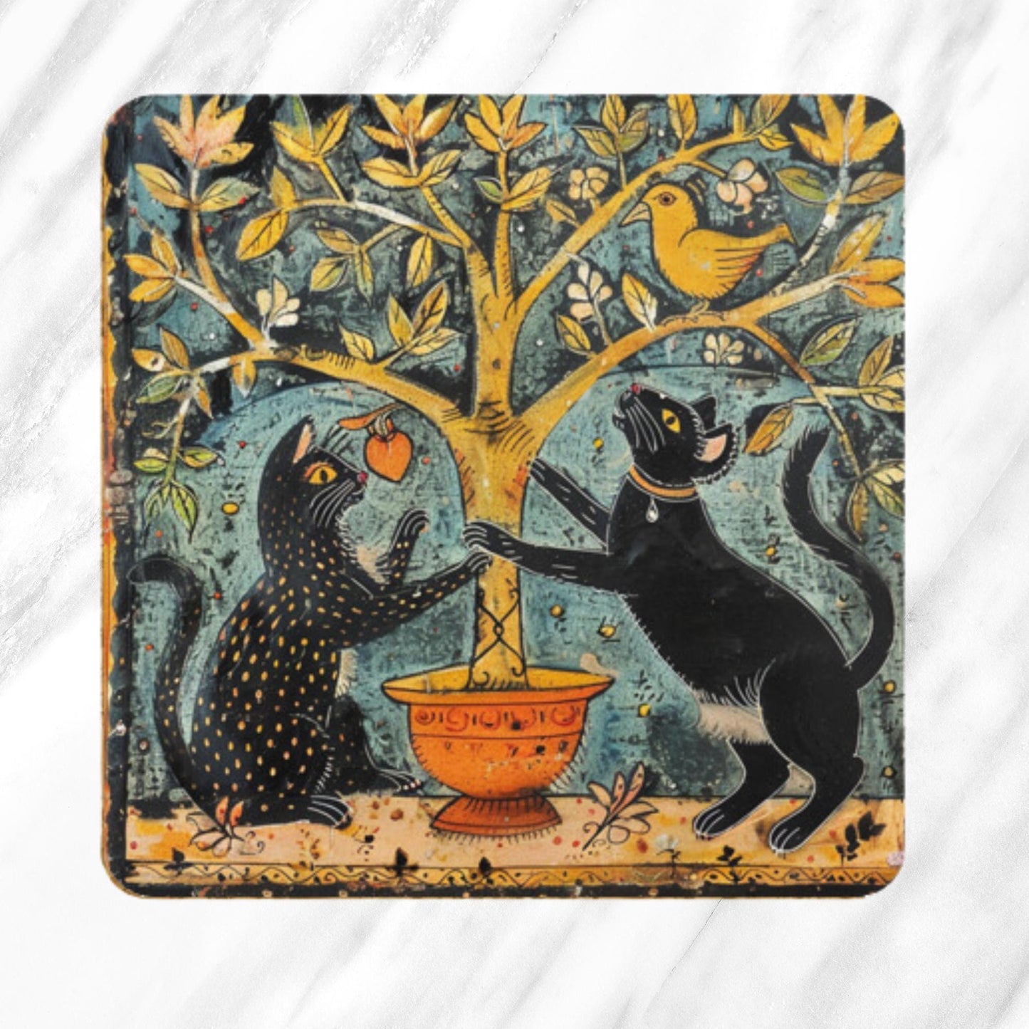 Decorative coaster set with medieval cat illustrations. Designs show a ginger cat in an oak tree, black cats playing under golden leaves, an orange tabby in an elm tree, and a calico cat in an oak tree, all in a vintage medieval art style