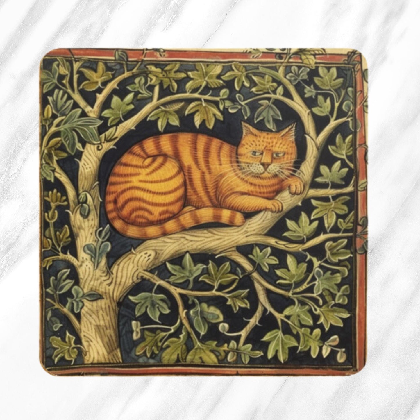 Medieval illuminated manuscript-inspired coasters with cat illustrations. Designs include a ginger cat resting on an oak tree branch, playful black cats beneath a tree with golden leaves