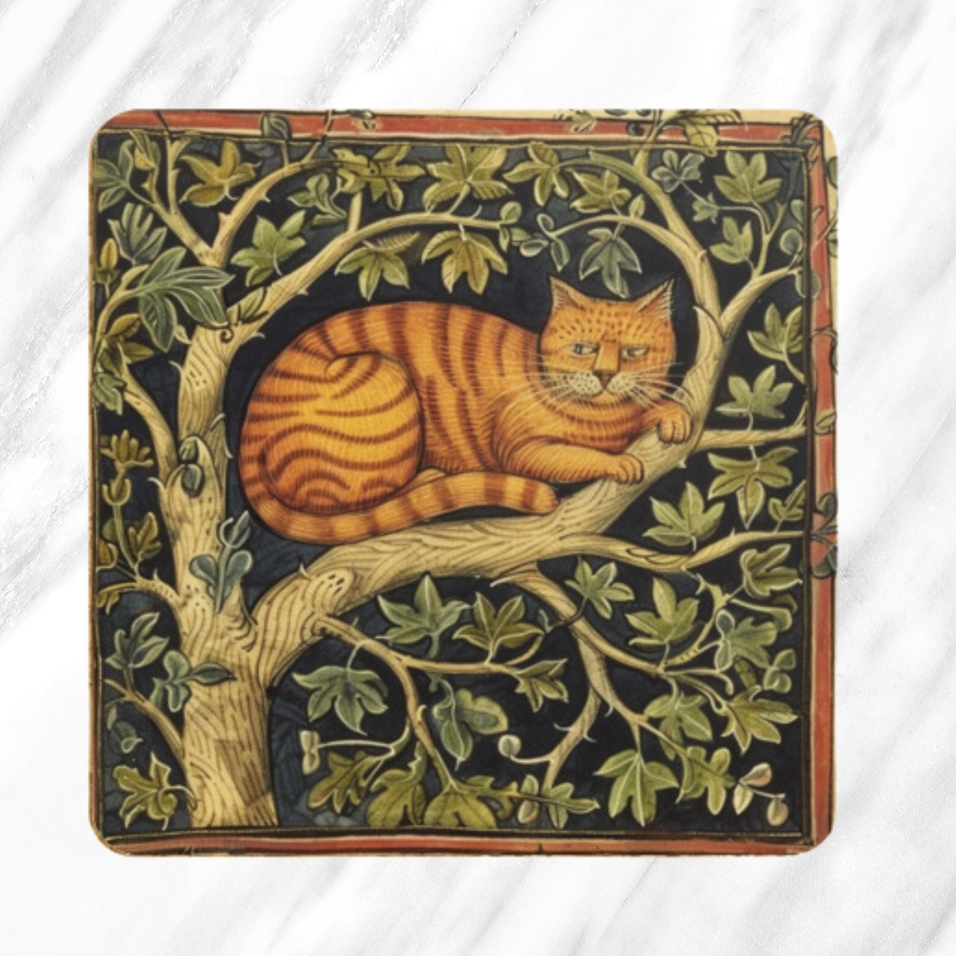 Medieval illuminated manuscript-inspired coasters with cat illustrations. Designs include a ginger cat resting on an oak tree branch, playful black cats beneath a tree with golden leaves