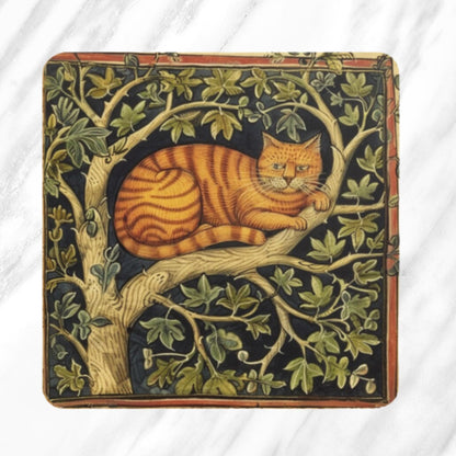 Medieval illuminated manuscript-inspired coasters with cat illustrations. Designs include a ginger cat resting on an oak tree branch, playful black cats beneath a tree with golden leaves
