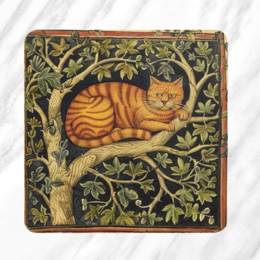 Medieval illuminated manuscript-inspired coasters with cat illustrations. Designs include a ginger cat resting on an oak tree branch, playful black cats beneath a tree with golden leaves