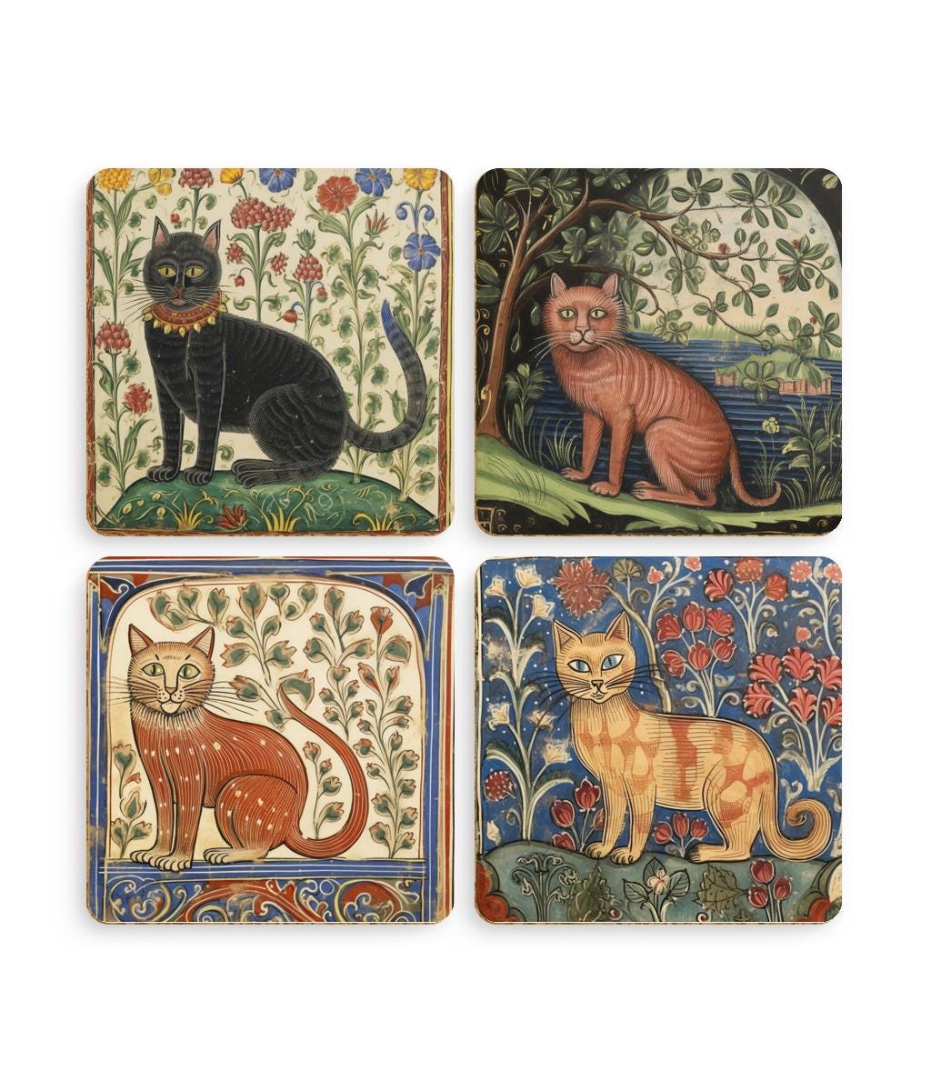 dark academia, witchy gift for history lover, cat themed coasters. medieval illuminated manuscript cats