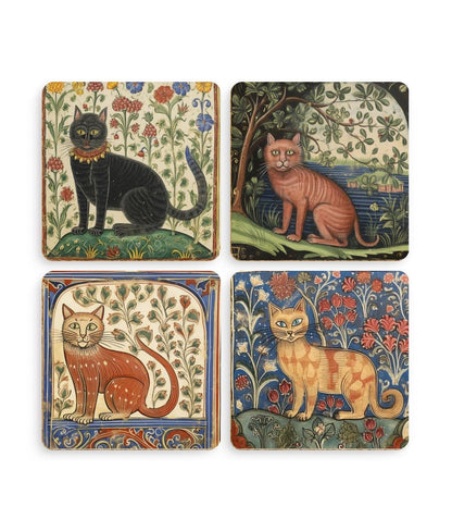 dark academia, witchy gift for history lover, cat themed coasters. medieval illuminated manuscript cats