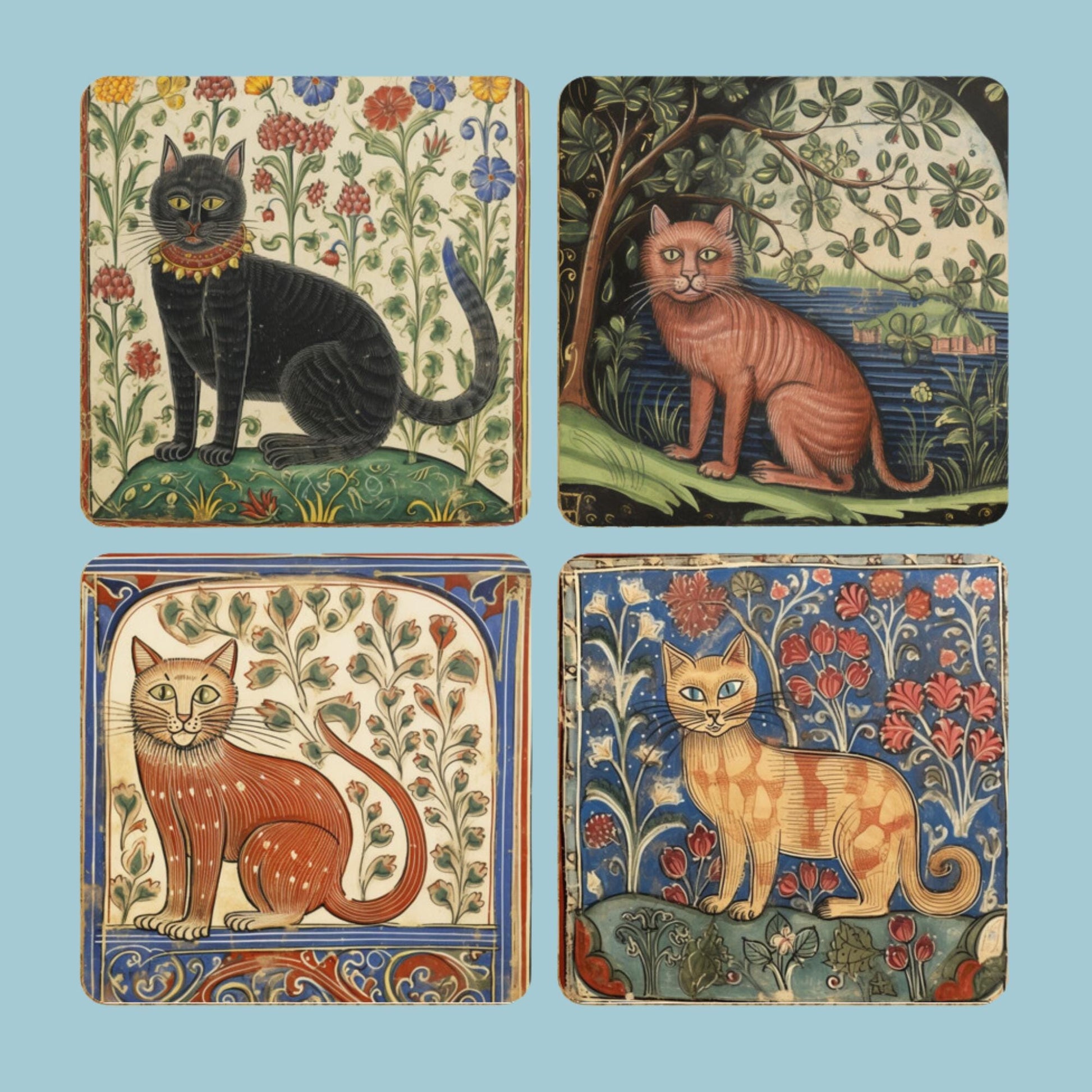 Floral medieval cat coaster set with four designs: a black cat with flowers, a ginger cat by water under a tree, a red tabby cat with an ornate floral border, and a yellow cat with red and pink flowers, all in a vintage medieval art style