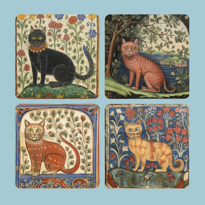 Floral medieval cat coaster set with four designs: a black cat with flowers, a ginger cat by water under a tree, a red tabby cat with an ornate floral border, and a yellow cat with red and pink flowers, all in a vintage medieval art style