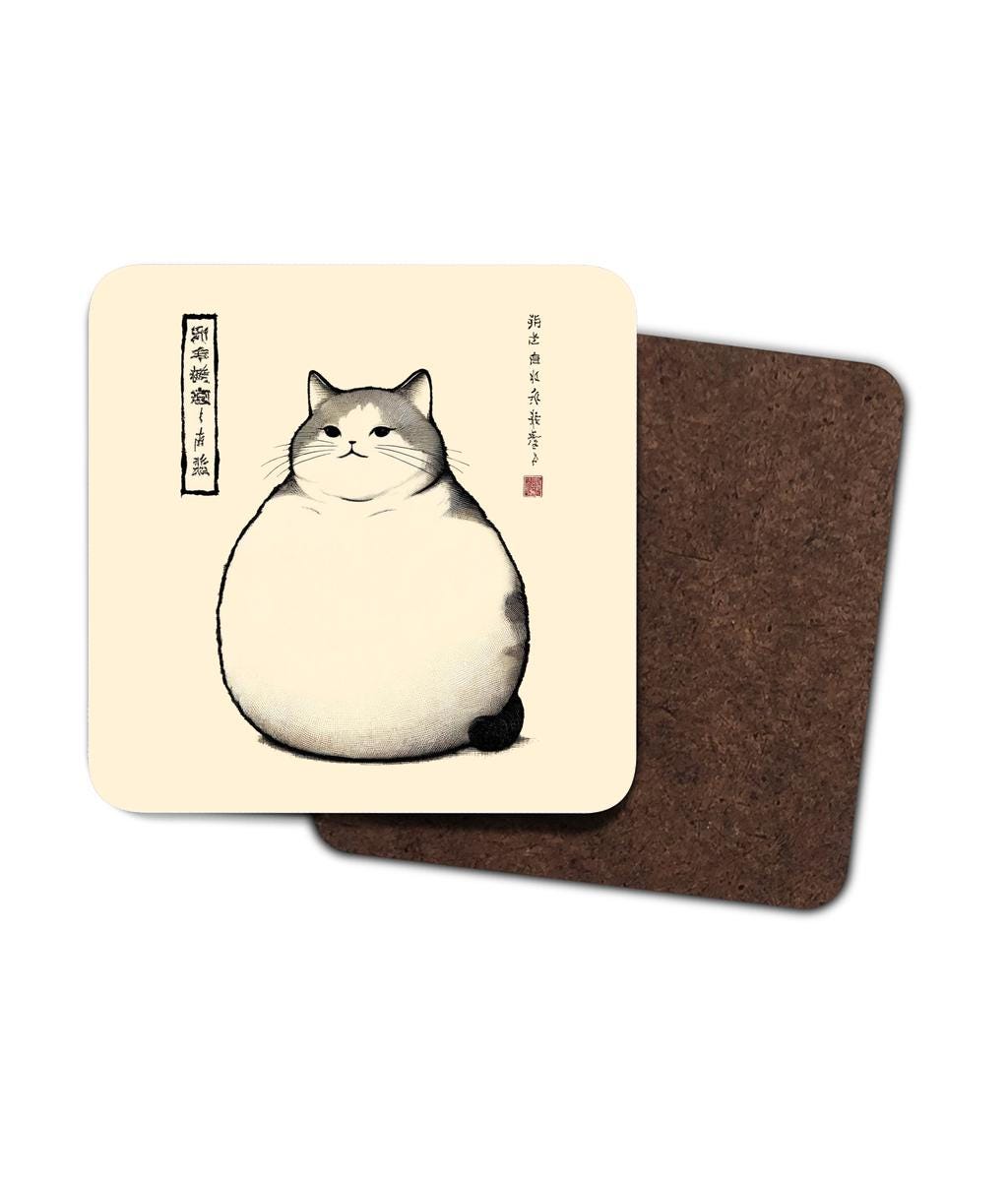 Cat gift for Christmas or birthday. Set of drinks mats, coasters. Japanese cat painting, ink drawing.