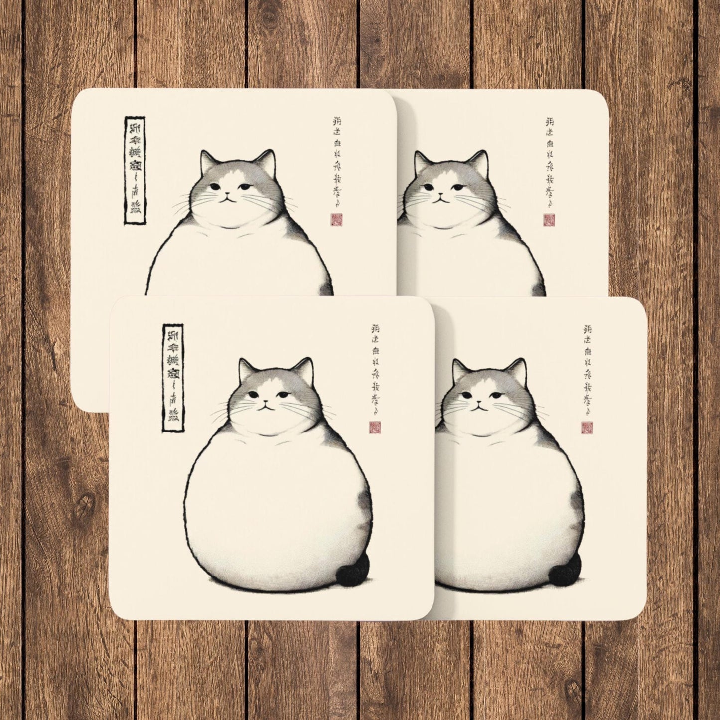 Chubby cat coasters set showing a cute, rotund cat with subtle grey and white fur, drawn in an artistic style reminiscent of Japanese ink paintings