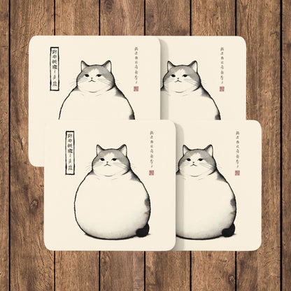 Chubby cat coasters set showing a cute, rotund cat with subtle grey and white fur, drawn in an artistic style reminiscent of Japanese ink paintings