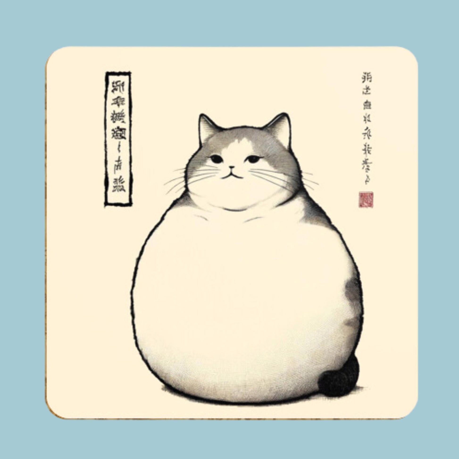 Set of Four Adorable Japanese Ukiyo-e Art Fat Cat Coasters, ukiyo-arte, Japanese cat art similar to frog art