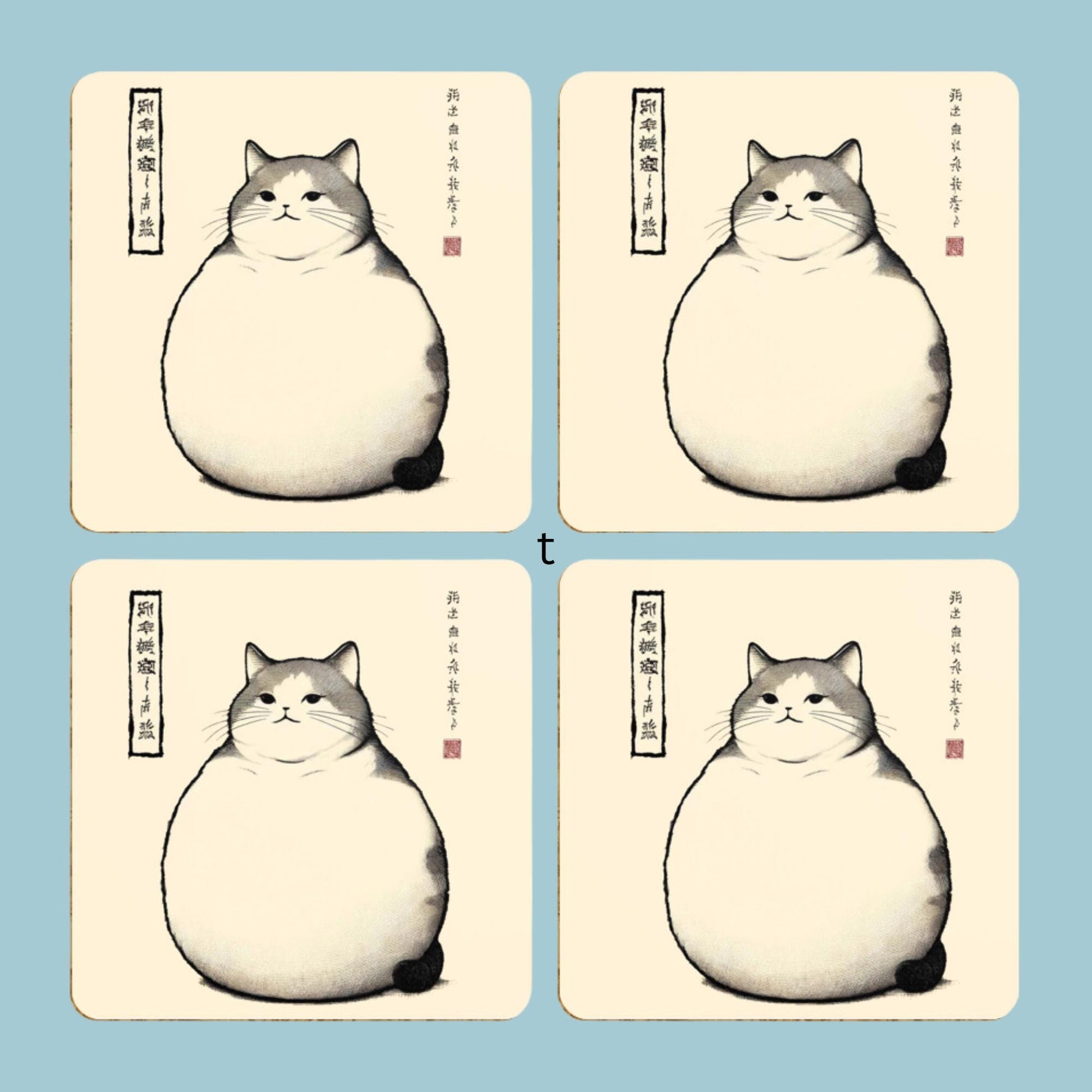 Artistic cat drinkware accessories
Set of four matching cat coasters
Heat-resistant cute cat coasters
Decorative coasters with chubby cat, fat cat with Japanese text, writing
