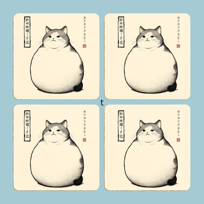 Artistic cat drinkware accessories
Set of four matching cat coasters
Heat-resistant cute cat coasters
Decorative coasters with chubby cat, fat cat with Japanese text, writing