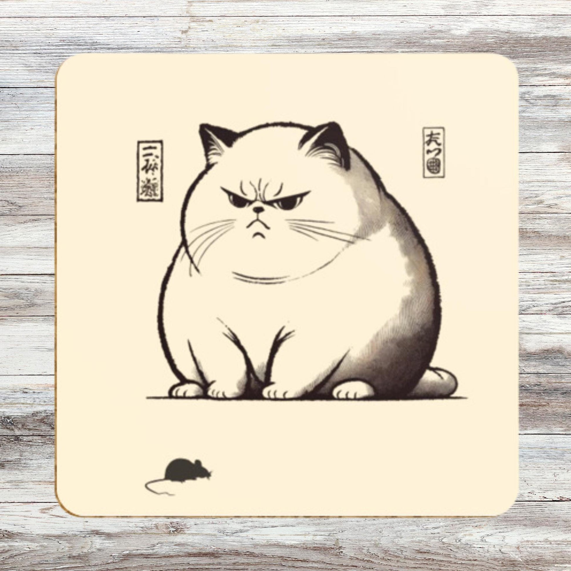 Grumpy cat coasters set
Ukiyo-e style cat illustration
Traditional Japanese art coasters
Angry cat with mouse coasters
Quirky cat-themed home decor
