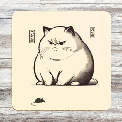 Grumpy cat coasters set
Ukiyo-e style cat illustration
Traditional Japanese art coasters
Angry cat with mouse coasters
Quirky cat-themed home decor