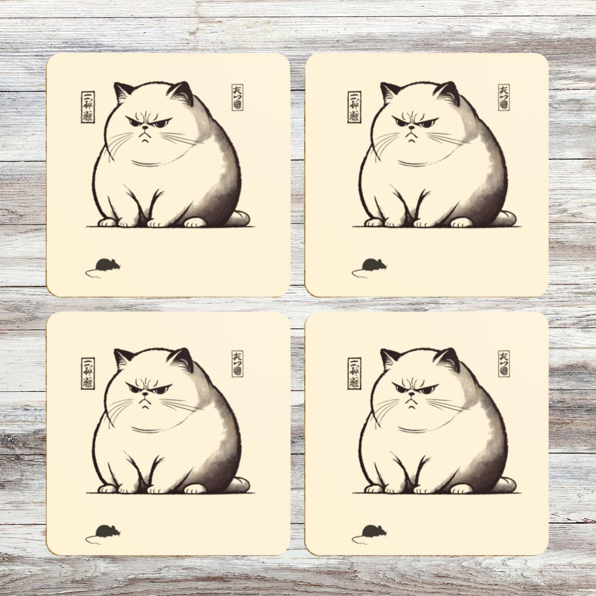 Vintage Japanese calligraphy coasters
Cat and mouse drink coasters
Unique cat art coasters
Woodblock print cat coasters
Japanese-inspired drink coasters