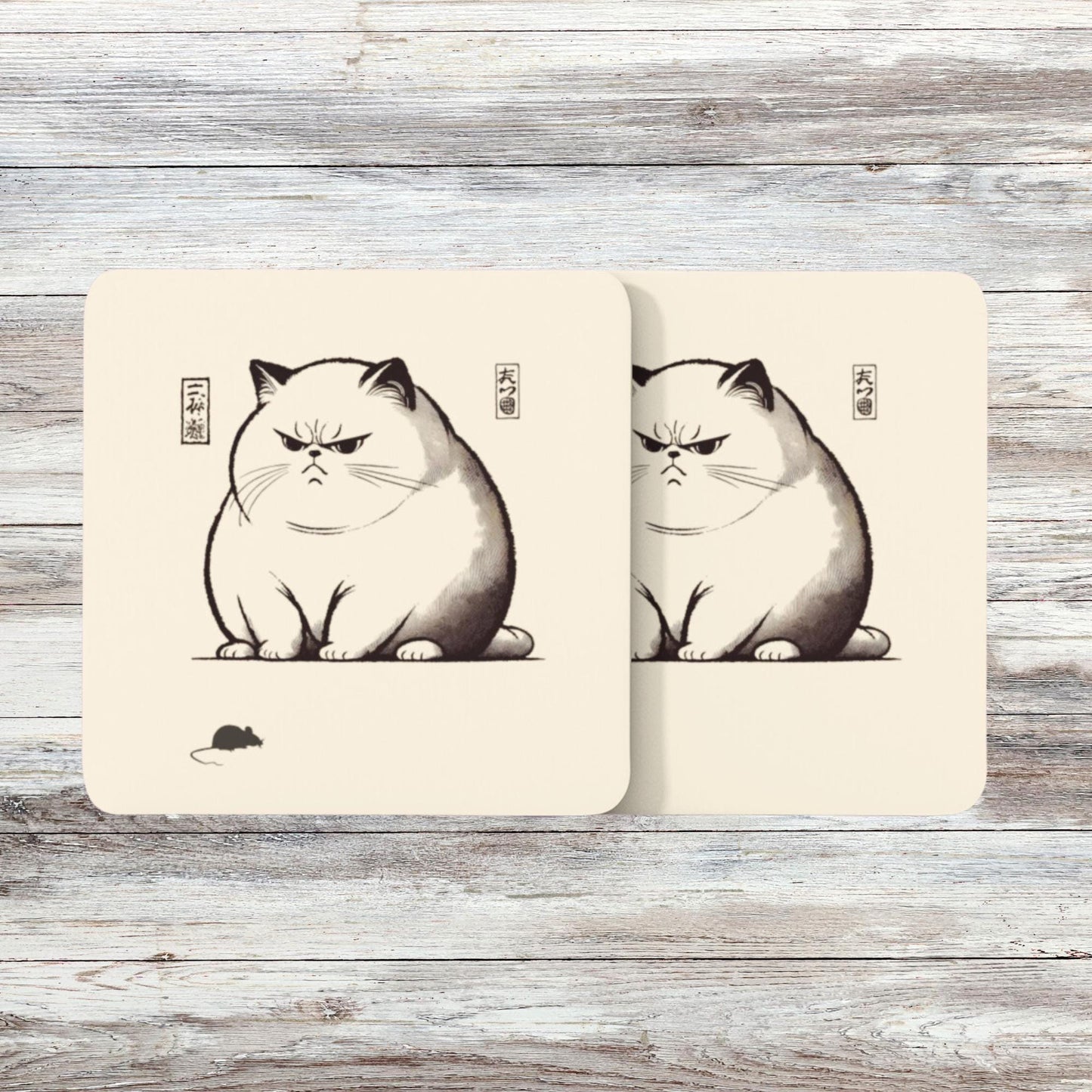 Set of four square coasters depicting a stern-looking cat inspired by Ukiyo-e woodblock prints, with vintage Japanese calligraphy and a small mouse.