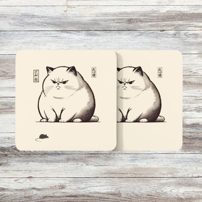 Set of four square coasters depicting a stern-looking cat inspired by Ukiyo-e woodblock prints, with vintage Japanese calligraphy and a small mouse.
