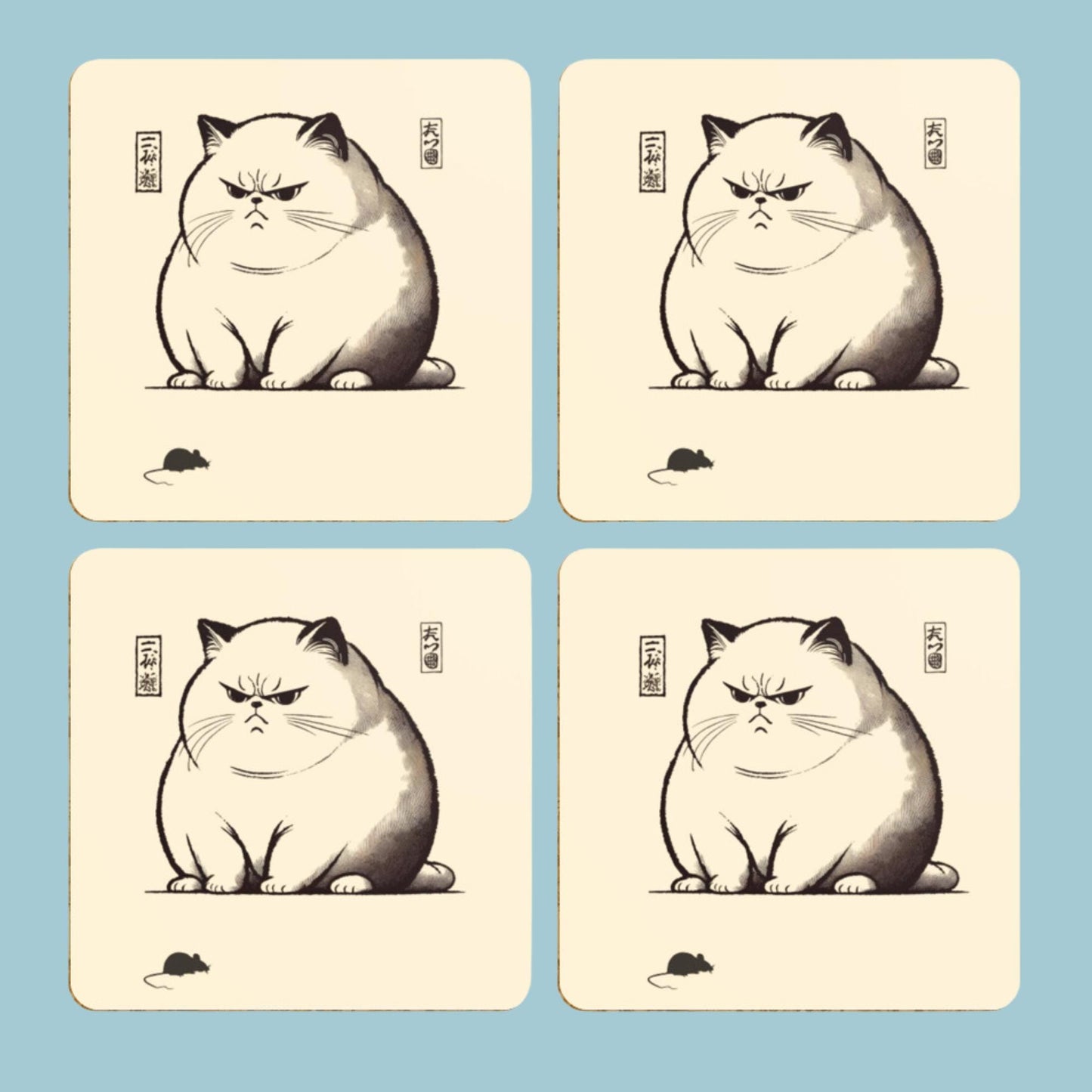 Four coasters with a grumpy, chubby cat illustration in traditional Japanese Ukiyo-e style, showing the cat glaring at a small mouse.