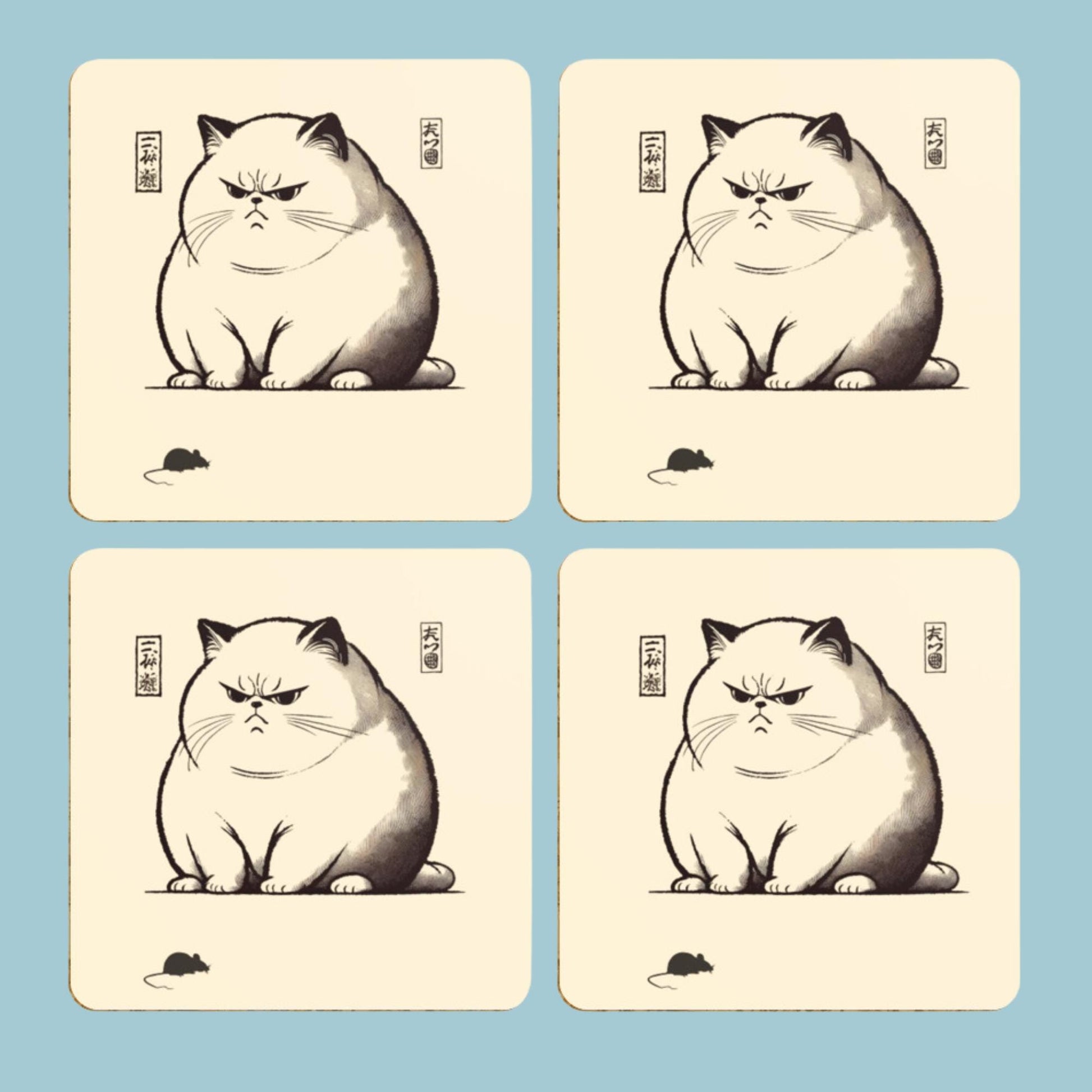 Four coasters with a grumpy, chubby cat illustration in traditional Japanese Ukiyo-e style, showing the cat glaring at a small mouse.