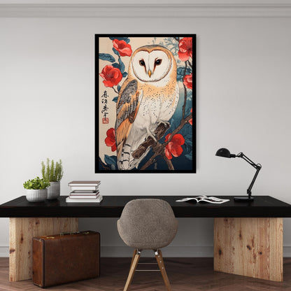 Barn owl art print, Ukiyo-e bird art, Japanese floral artwork, wildlife wall decor, nature-inspired prints