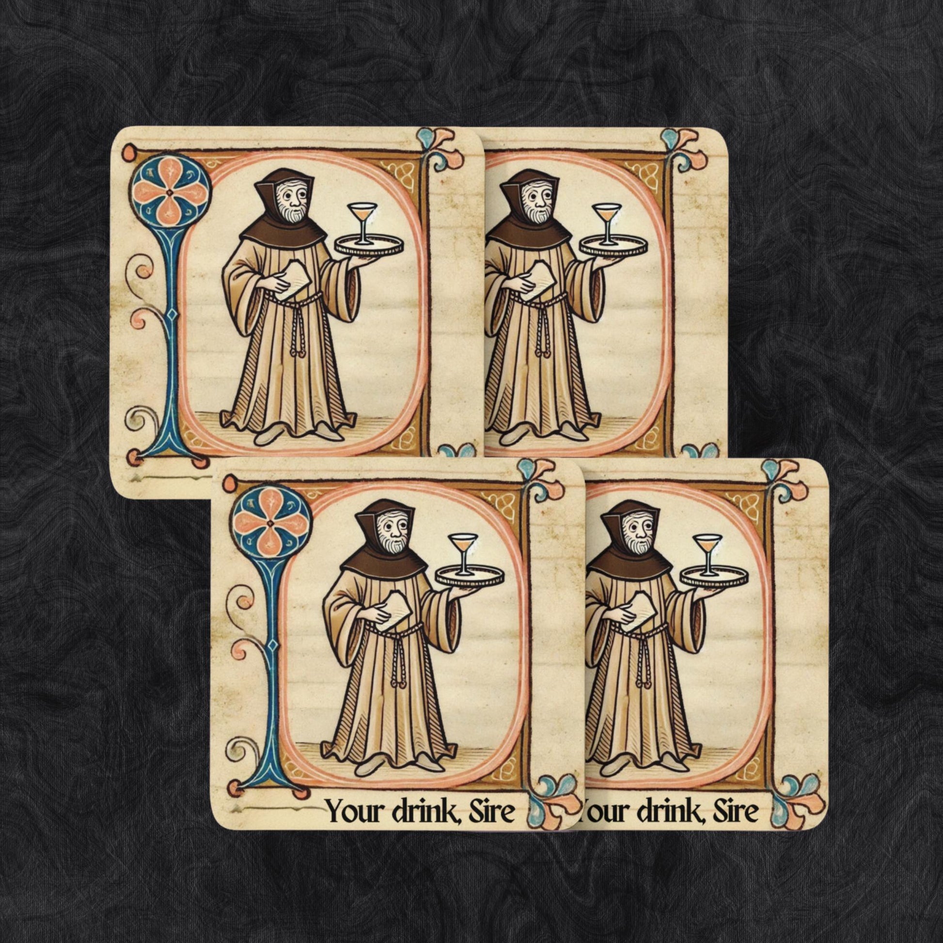 Marginalia-inspired monk design coasters with the phrase &#39;Your drink Sire,&#39; in a set of 4