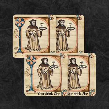 Marginalia-inspired monk design coasters with the phrase &#39;Your drink Sire,&#39; in a set of 4