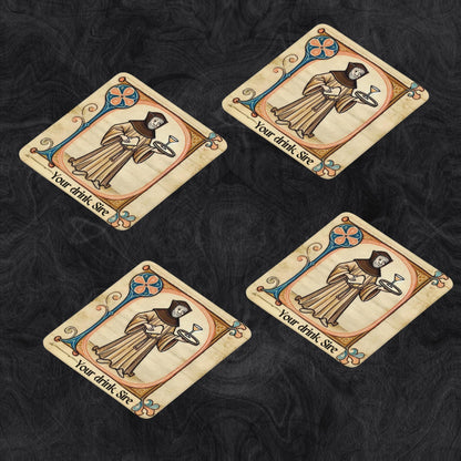 Whimsical medieval monk coasters with the text &#39;Your drink Sire,&#39; perfect for quirky drink decor