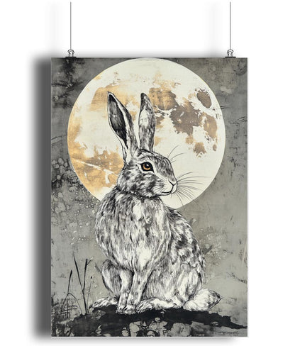 hare art for witches, pagan home accessories, mystical moon wall art, occult and witchcraft art, full moon magic print
