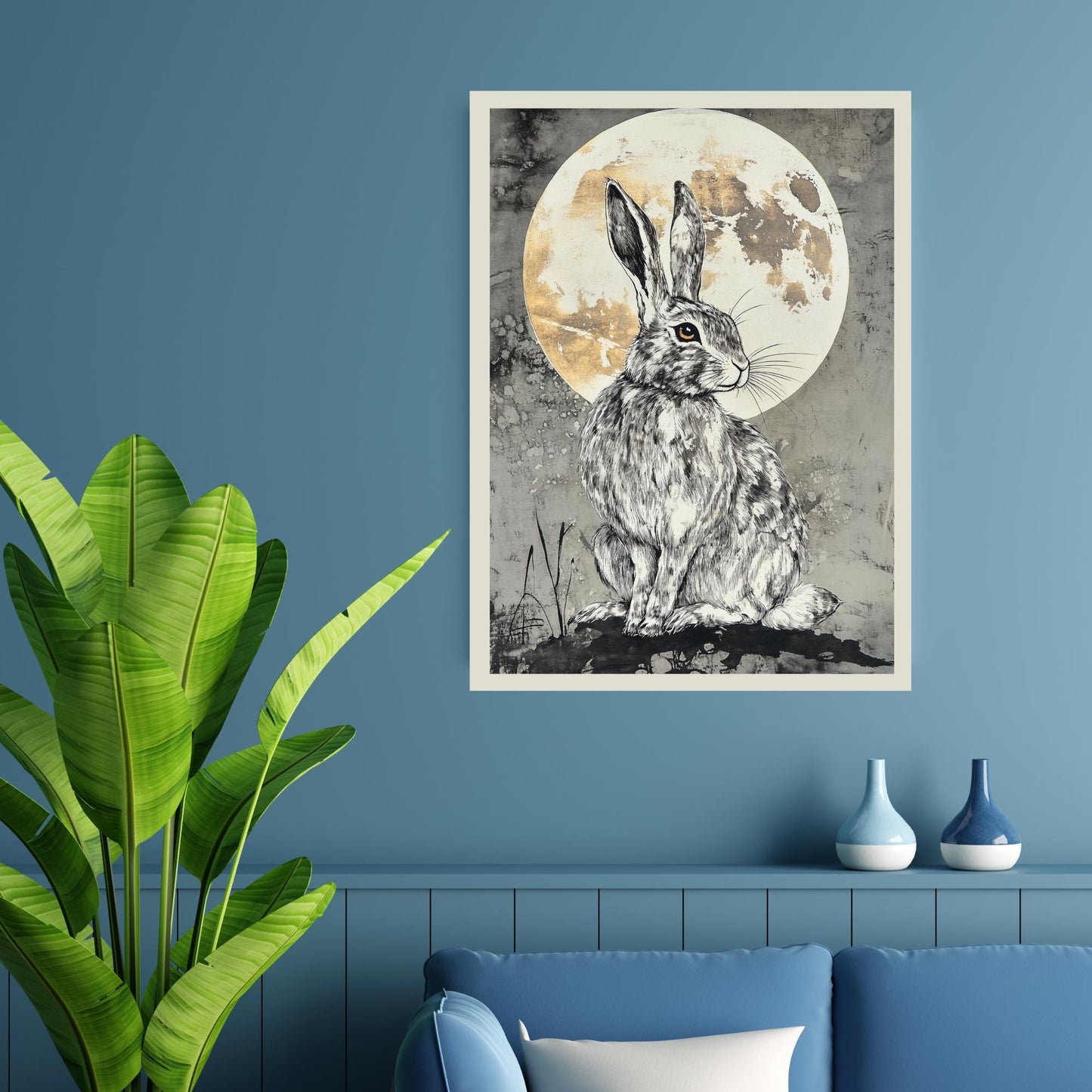 occult wall art, witchcraft animal symbolism, pagan hare artwork, mystical moon decor, moon phase art